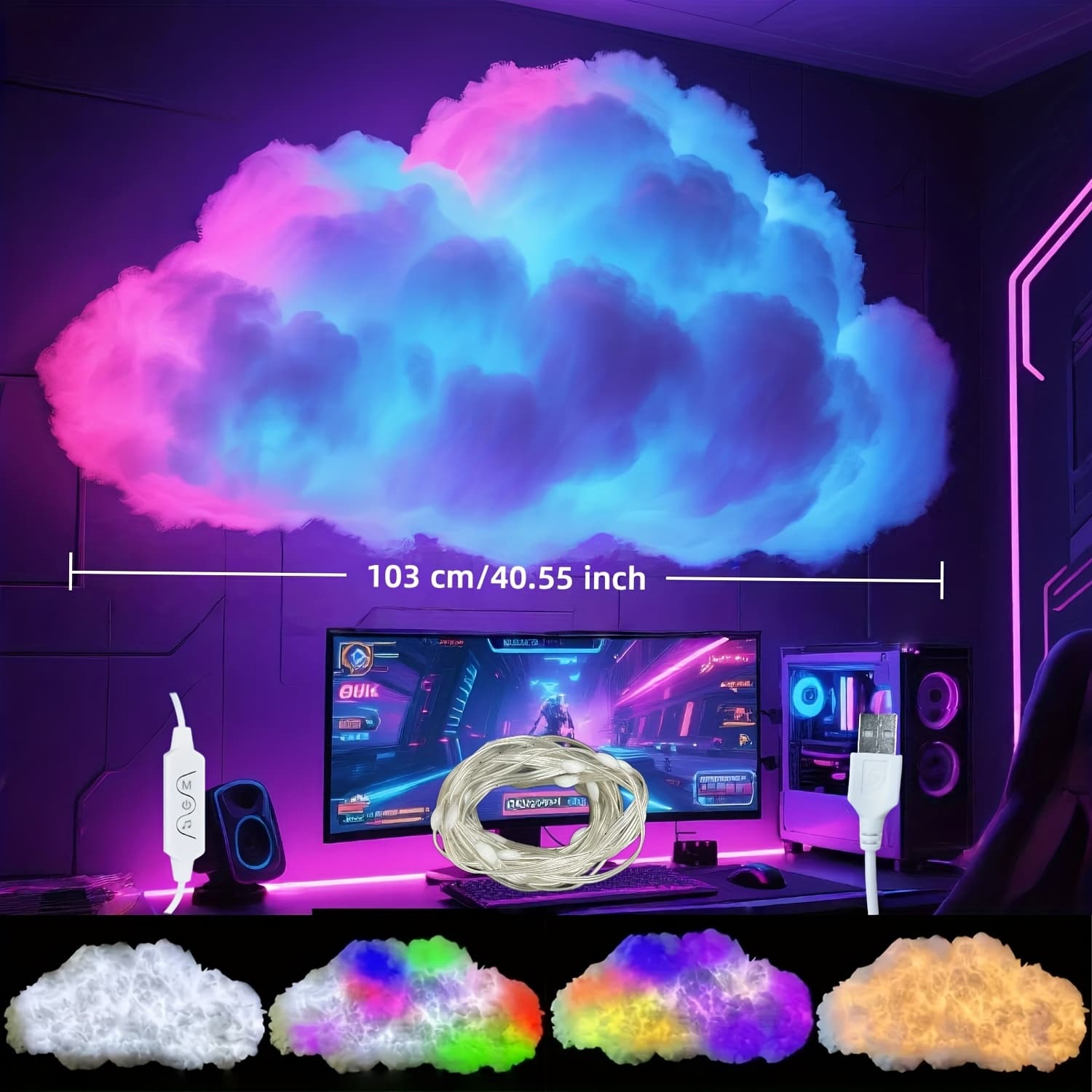 TEMU Rgbic Cloud Light Kit With Music Sync - Usb Powered, Multicolour Changing String Lights, For Gaming Room, Bedroom Decoration - - Ajk