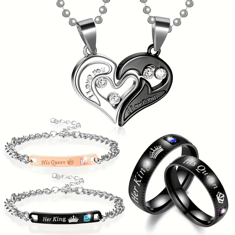 TEMU 6pcs Vintage Couple Necklace Matching Bracelets And Ring Jewelry Set For Women Men Heart Pendant Necklace Bracelets Couple Gift