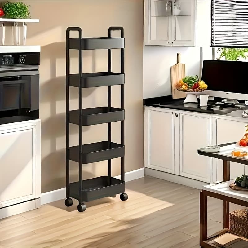 TEMU 5-tier Rolling Storage Cart With Simple Wheels, Suitable For Multifunctional Plastic Classification In Kitchens, Bathrooms, And Bedrooms - Ultra-thin Design With Adjustable Shelves, Space-saving.