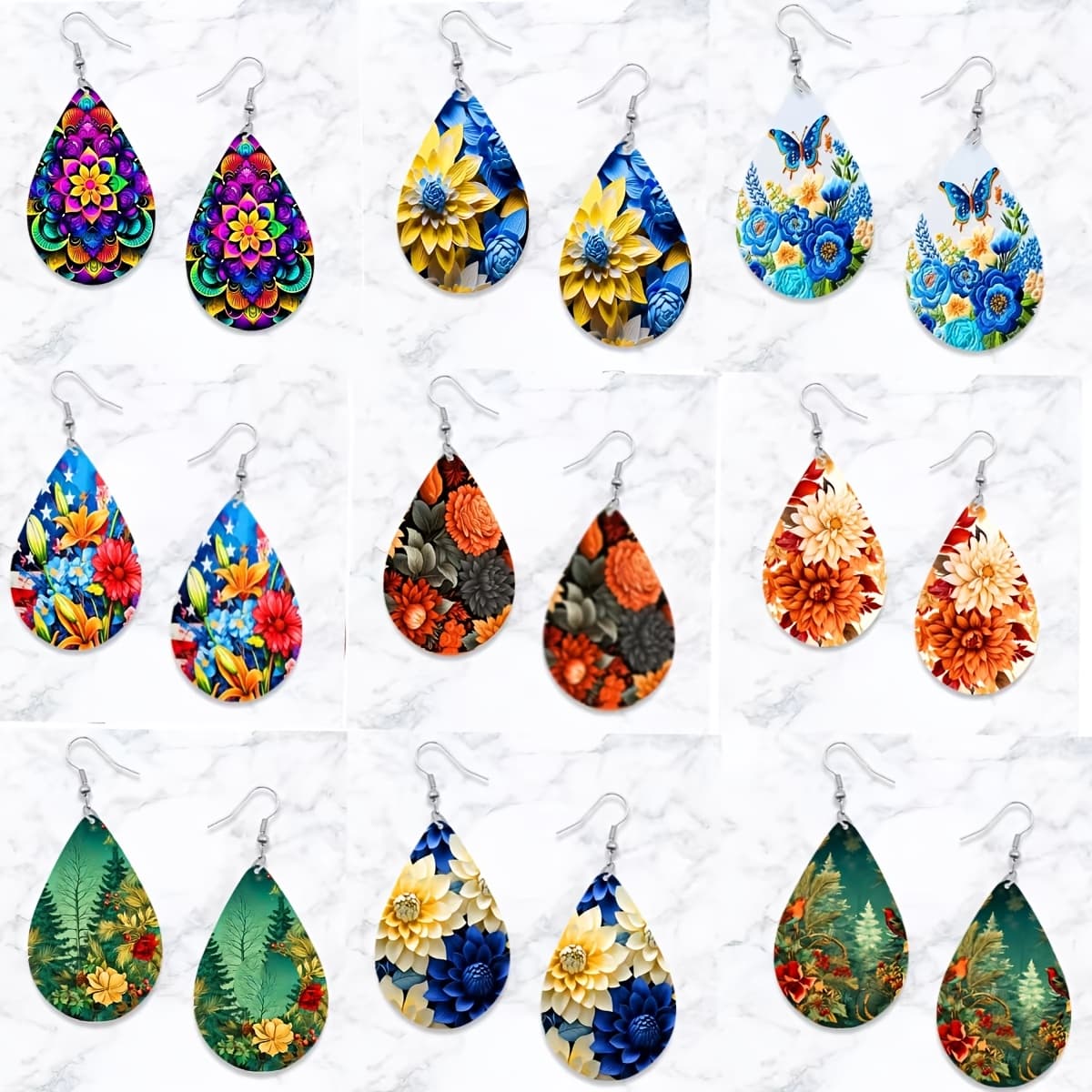 TEMU 9 Pairs Teardrop Shape Flower Pattern Dangle Earrings- Fashion Bohemian Style Acrylic Earrings, Elegant Jewelry Accessory For Daily Wear, Perfect Gift For Women