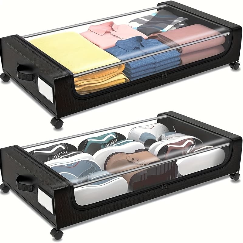 TEMU 2 Pack Of Wheeled Under Bed Storage Box, Under Bed Storage Box, Under Bed Shoe Rack Organizer, Metal Drawer Under Wheel Bed For Clothes, Blankets, Shoes,, Books, Bedding, Under-bed Storage