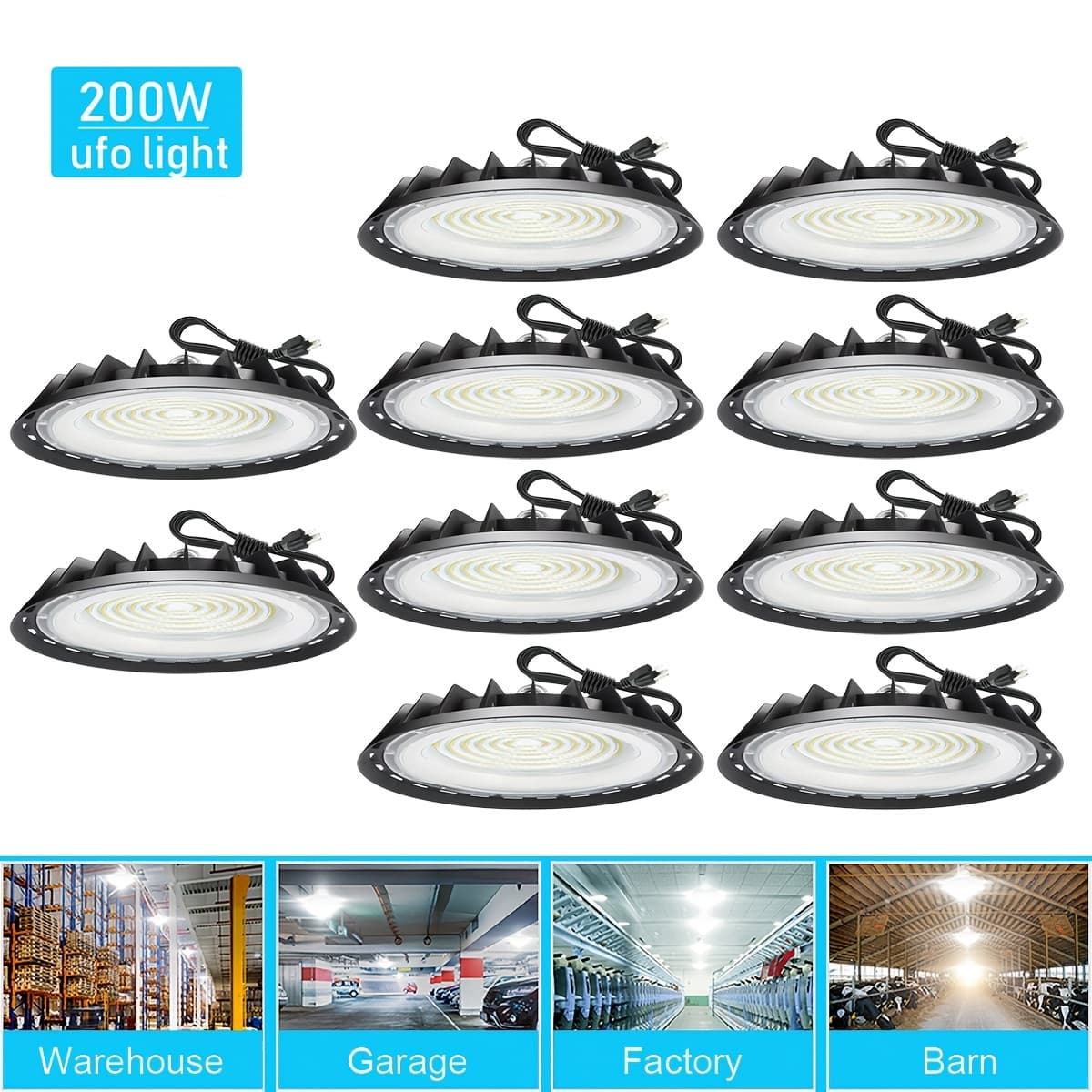 TEMU 10pcs 200w Ufo Led High , Cold White 6000k, Led Commercial Lighting Fixtures, 90-277v, For Warehouse Garage Workshop Mall Factory Industrial Barn Gym, Dustproof And, With 4ft Us Plug