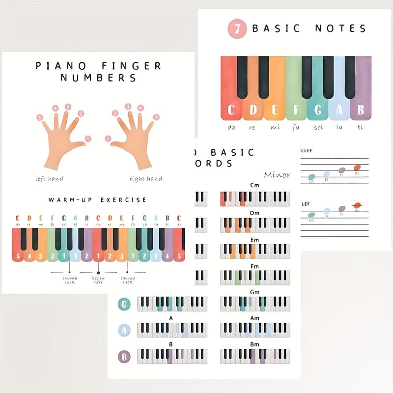 TEMU 3pcs Basic Piano Knowledge Charts For Beginners, Suitable For Home Practice, Room, , Living Room, Classroom Wall Decoration, Printed Posters - 8x10 Inches Unframed