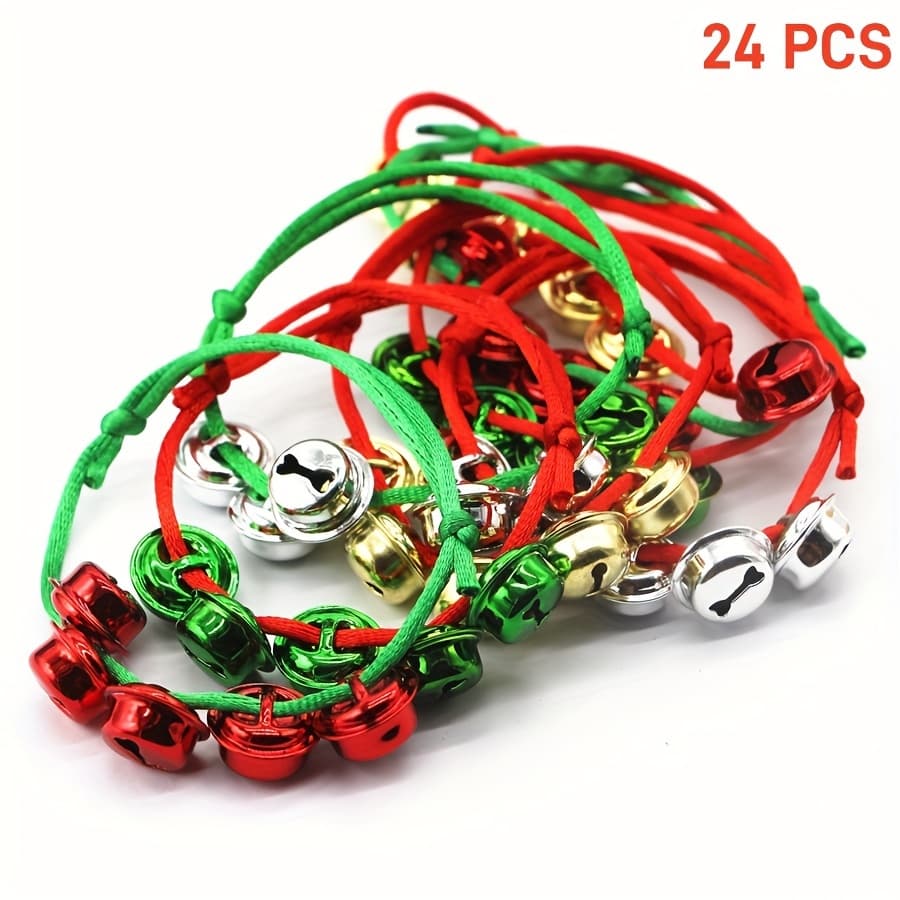 TEMU 6/12/24pcs Christmas Bell Decorative Bracelets, Golden Silvery Red With Red And Green Adjustable Cords, Holiday Ornaments