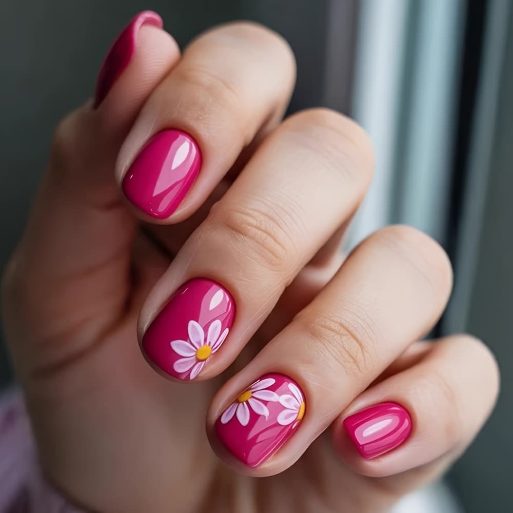 TEMU 24pcs Of Fuchsia Small Daisy Fake Nails, Fresh Nail Design, Removable False Nails, Stylish Manicure, Short Square Nails For Women, Press-on Nails, Reusable Nail Art Supplies