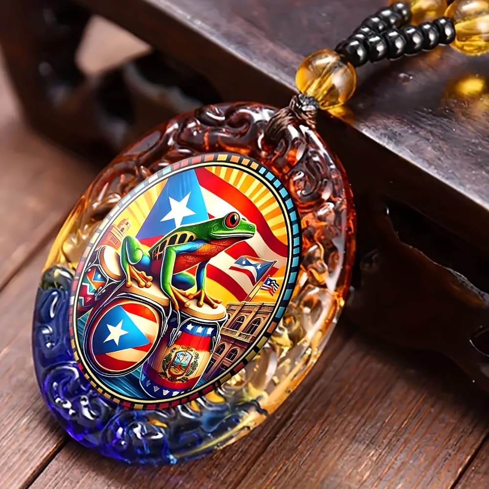 TEMU A Vibrant And Fashionable Pendant Featuring The Puerto Rican Frog Flag, Designed As A Chic Oval Necklace, Making It An Ideal Religious Gift For Men