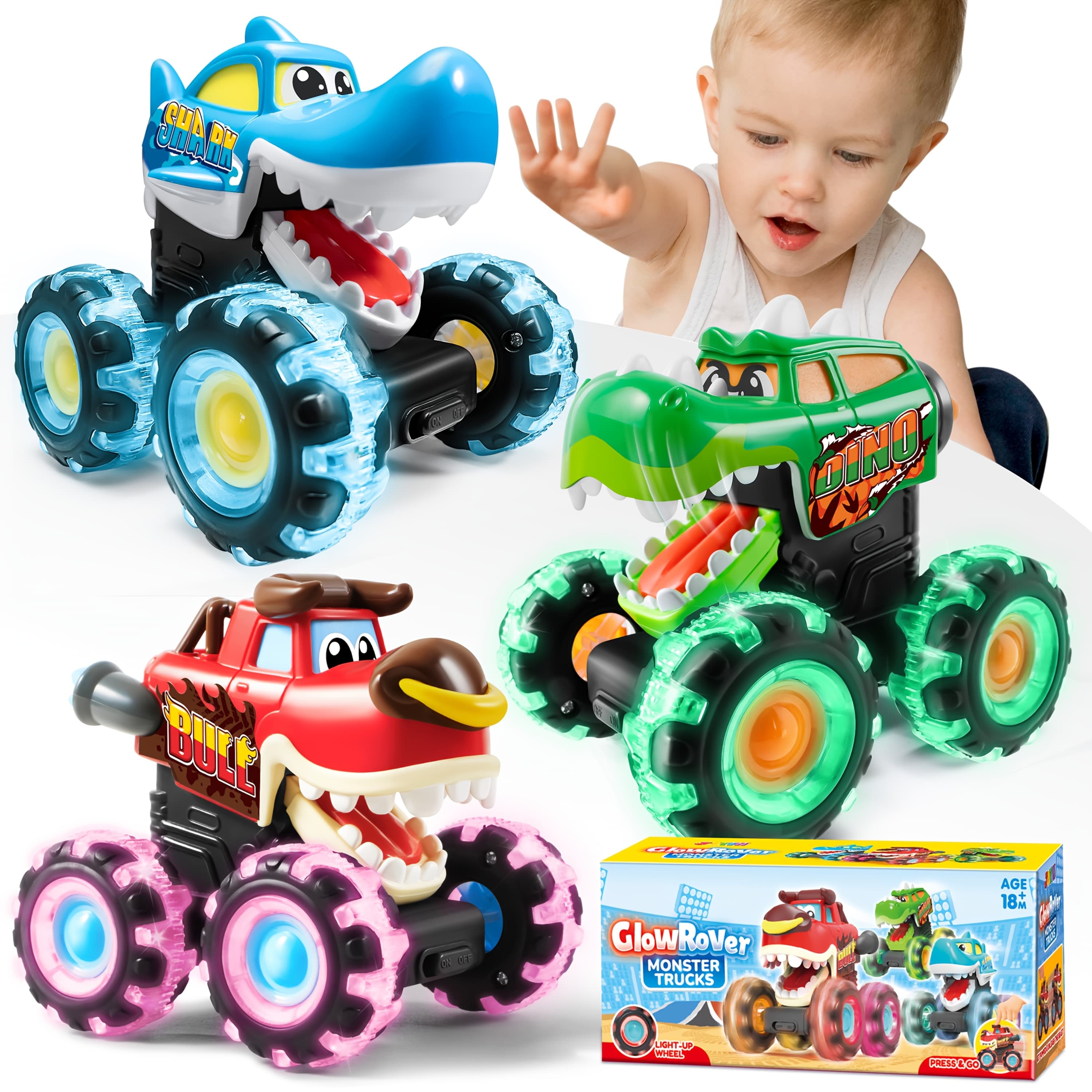 TEMU 3 Packs Monster Truck Toy For Kids, Motion Activated Light-up Cars For Toddlers - Monster Glow Led , Dinosaur Trucks, Baby Toy Present, Perfect Easter Birthday Gifts For Boys And Girls Age 18m+