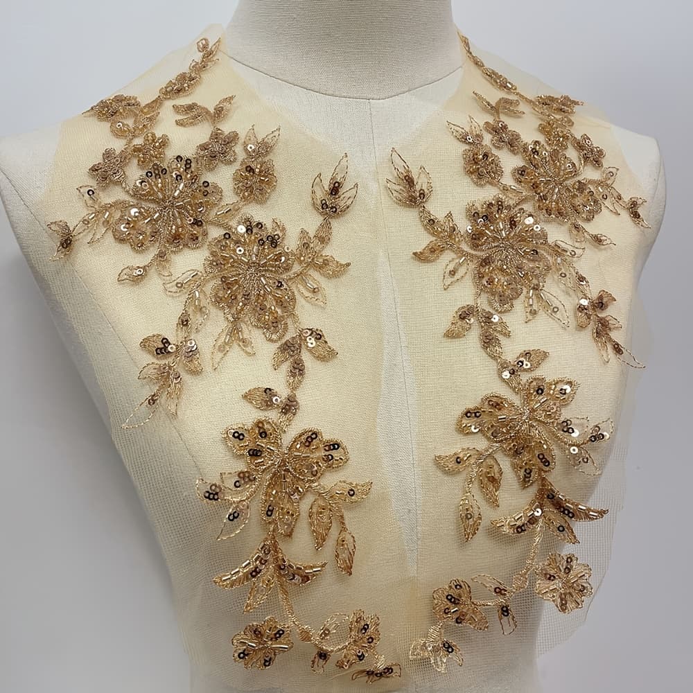 TEMU A Pair Of Golden Embroidered Floral Bead Tube Mesh Fabric Patches, Wedding Dress Decoration Accessories