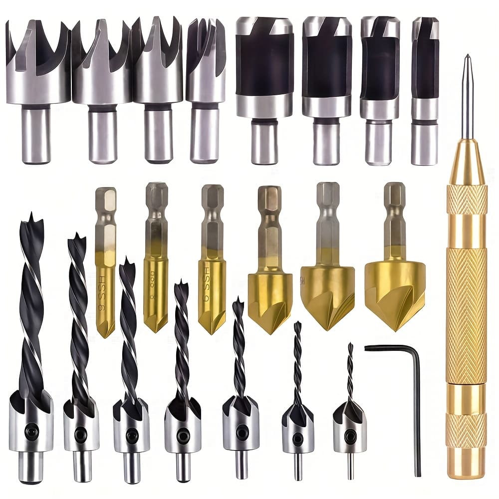 TEMU 23pcs Woodworking Chamfer Drilling Tool, 6pcs 1/4" Hex 5 Flute 90 Degree Countersink Drill Bits, 7pcs 3 Pointed With L-wrench, 8pcs Wood Plug Cutter