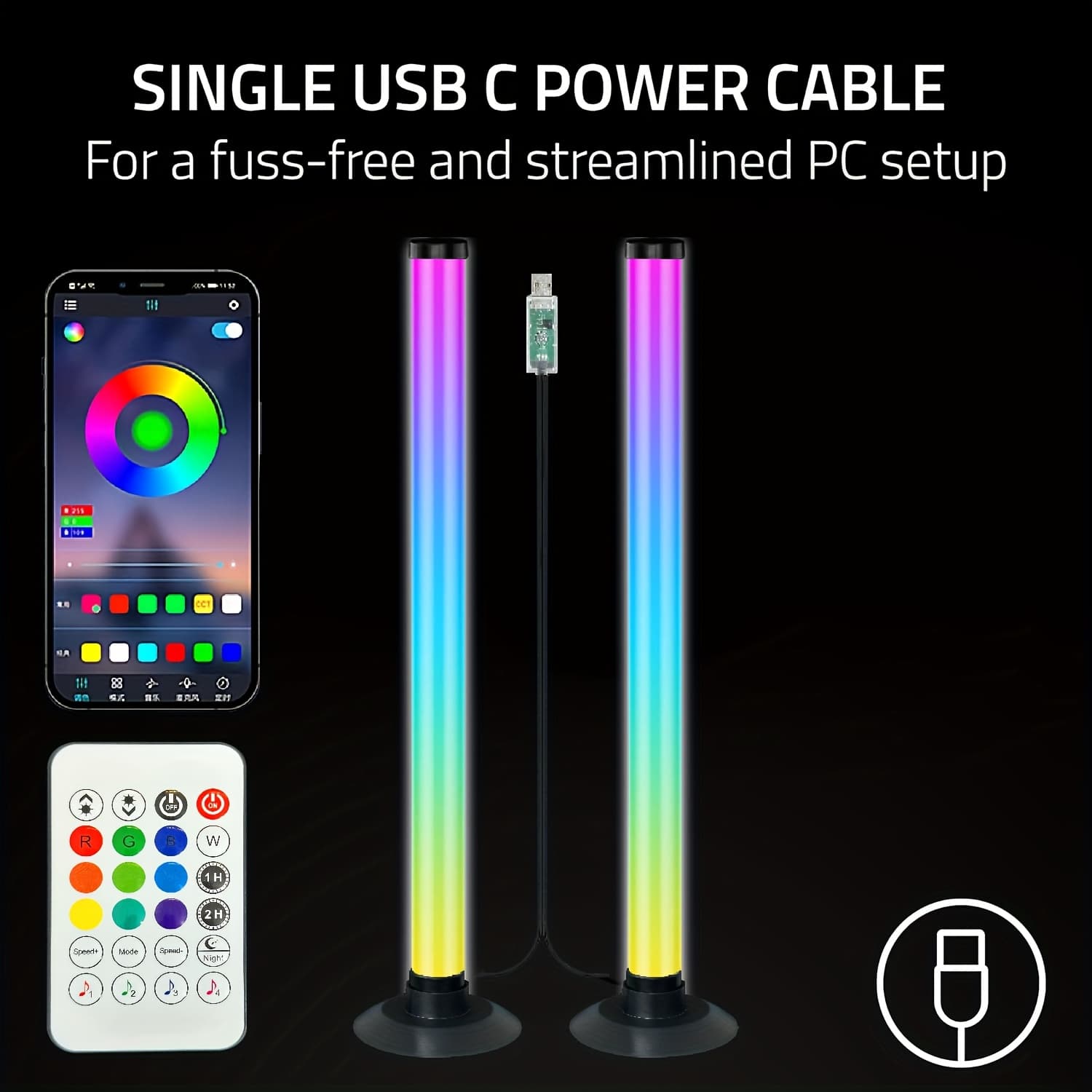 TEMU 2pcs Rgbic Light Bar, Rgb Night Light, Rgb Light, App & Remote Control, Usb Powered, 8 And 16 Million Colors, Dynamic Music Sync, Desktop Lamp, Decorative Lights, Mood Lights, Christams Lights