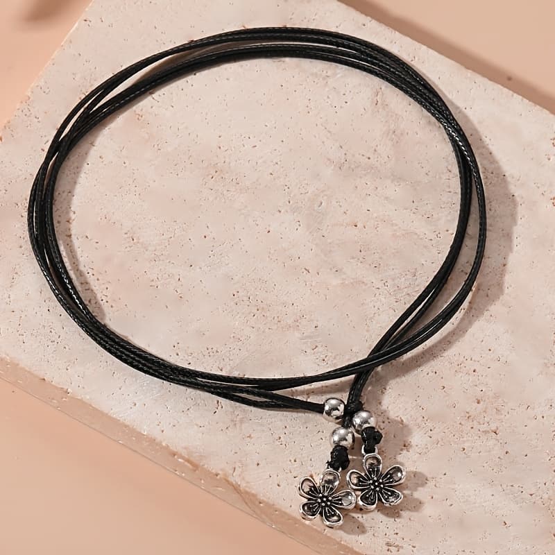 TEMU 1pc Bohemian Style Plum Faux Leather Rope Anklet With Fashion Flower Beads, Easy Vacation Hand Jewelry For Beach Accessory
