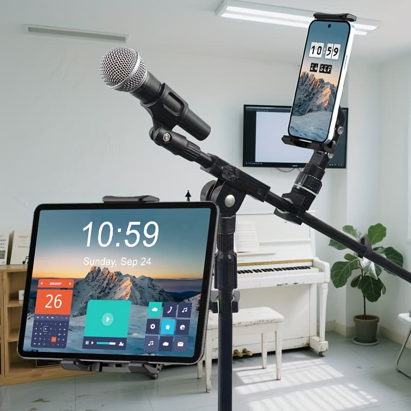 TEMU Universal Clip Adjustable Phone And Tablet Holder - Compatible With Mic Stands, Railings, Handlebars, Guitars And Mic Sheet Music Stand Handles, Fits 4.7-14 Inch Devices