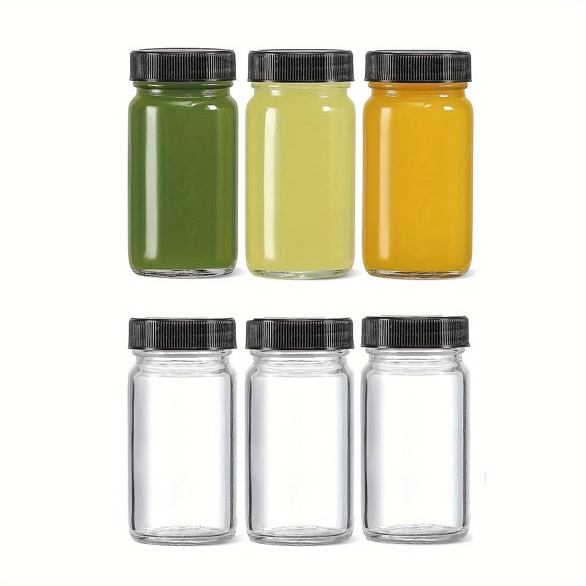 TEMU 6/4pack, 2 Oz Glass Shot Bottles Black Lids- Small Jar Travel Essentials Mini Bottles Suitable For Ginger, Wellness Shot, Juice, Sample, Whiskey