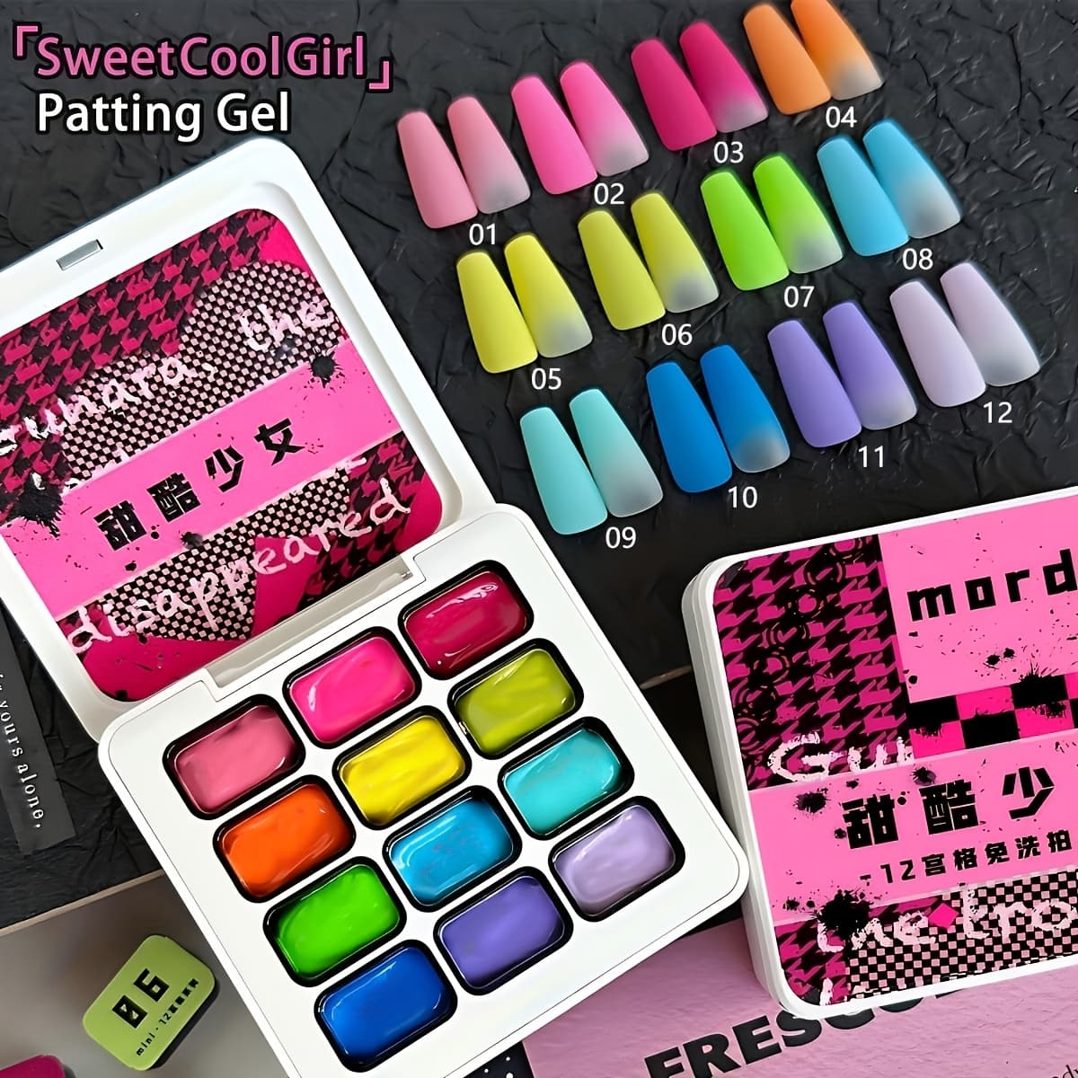 TEMU 12-color Sweet & Edgy Patting Gel Set | Pink & Black Hues, Glossy Finish, Perfect For Teen ' Trendy Nail Art & Everyday Looks, & Long-lasting