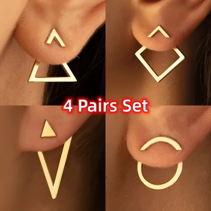 TEMU 4 Pairs Copper Golden Plated Circle Ear Studs - Vintage Geometric Earrings, Nickel Free Electroplating - Perfect For Daily