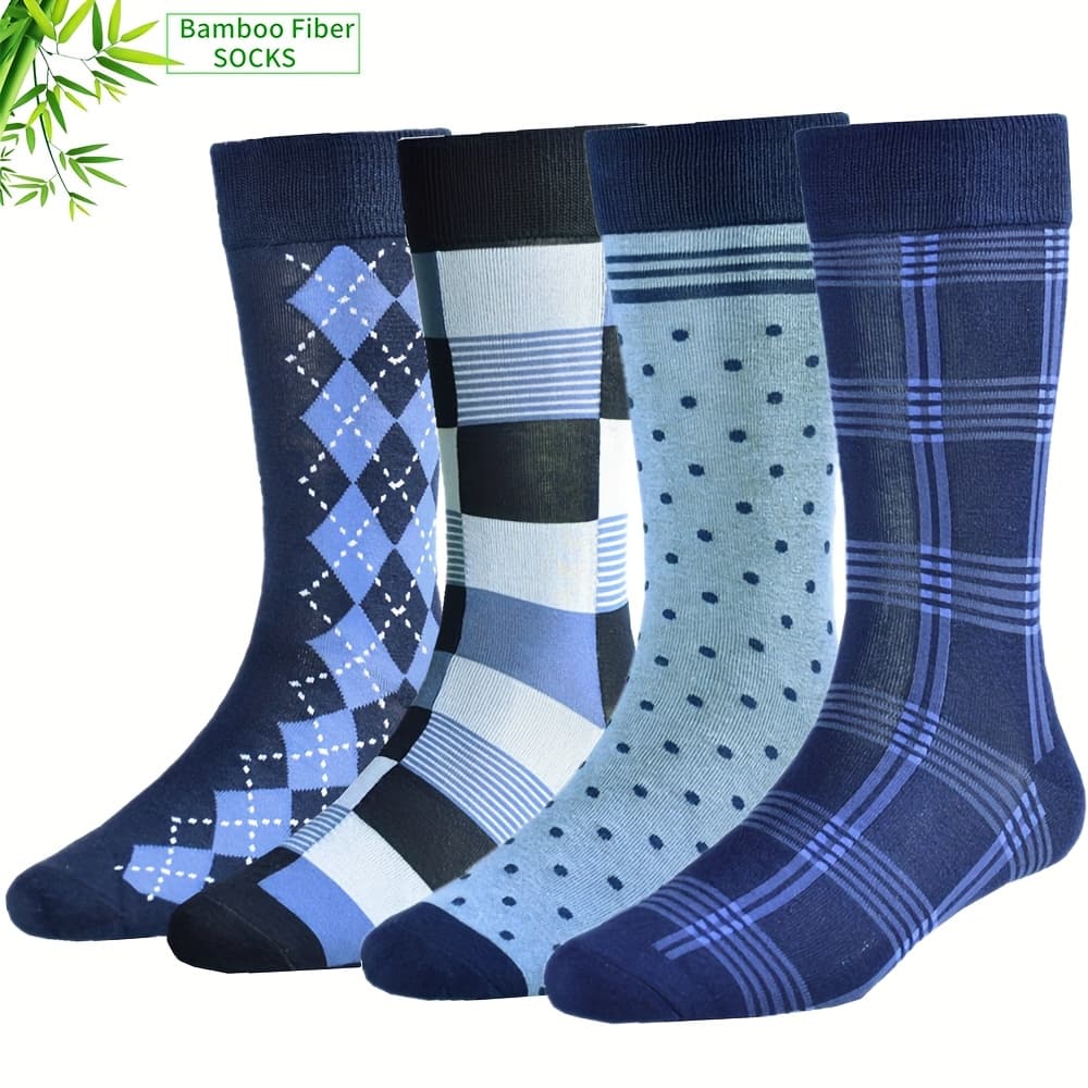 TEMU 4 Pairs Men's Dress Socks, High-quality Bamboo Fiber Socks For Men, Patterned Men's Socks