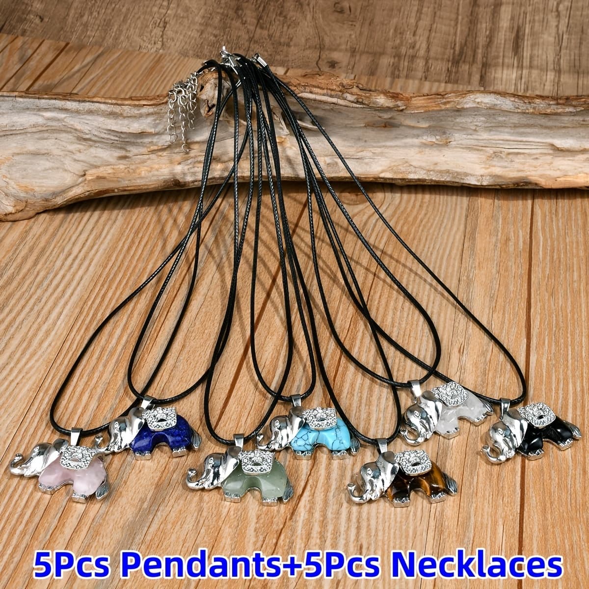TEMU 5/10pcs Fashionable Natural Stone Elephant Pendants & Black Necklaces Set - Perfect For Women's And Men's Casual Attire, Anniversaries, All , For (random Color)