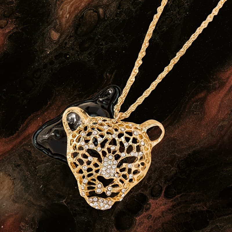 TEMU 1 Stylish European And American Hip-hop Leopard Head Pendant Necklace With Dual Accessory Set, With Rhinestones, Perfect For Trendy Men And Women To Wear At Daily Street Parties