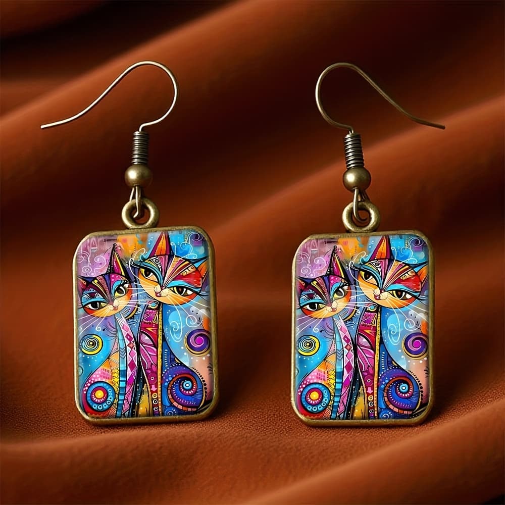 TEMU A Set Of Vintage Square Earrings Featuring Colorful Art, Perfect As A Handmade Gift For