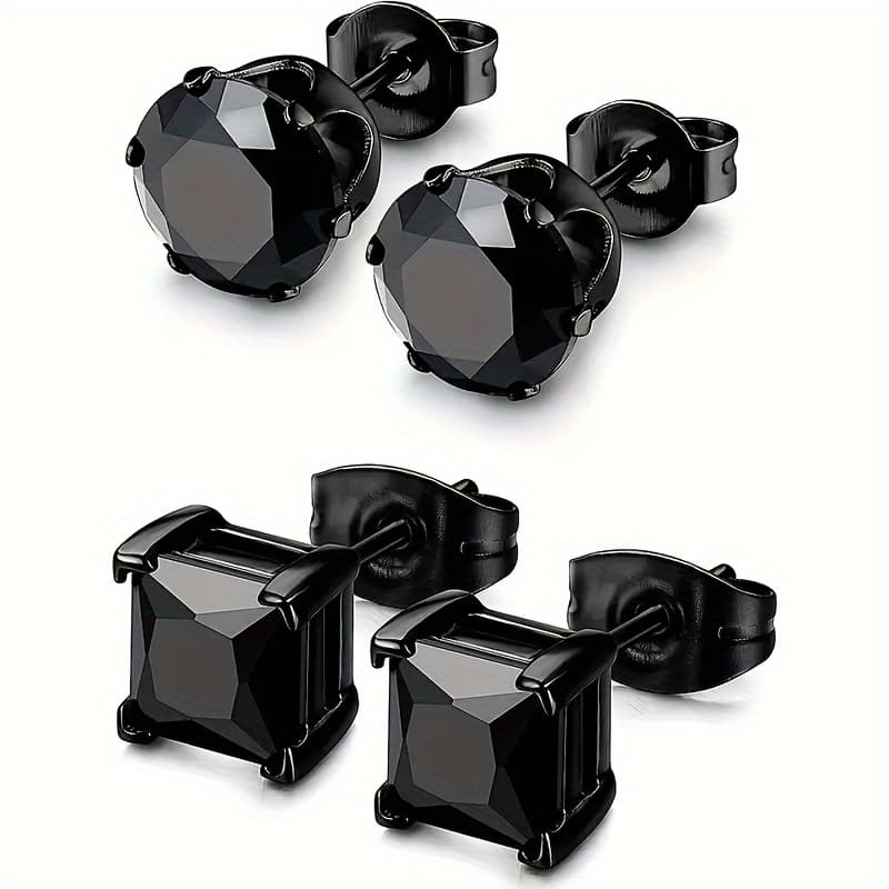 TEMU 4pcs Luxury Men' Steel Cubic Synthetic Cubic Zirconiaia Stud Earrings - Earrings With Hypoallergenic And , Perfect For Casual Attire - Ideal Gift For Him
