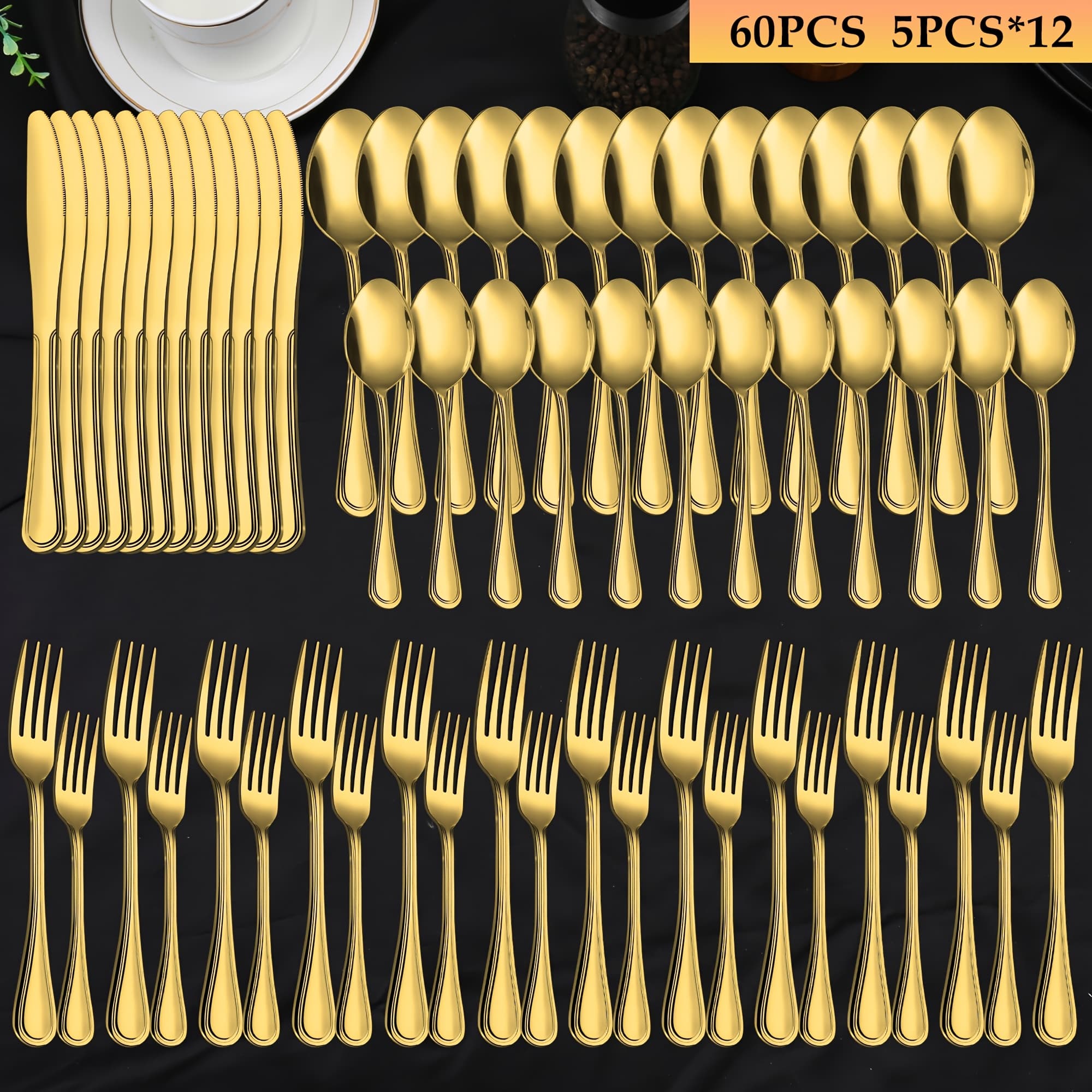 TEMU 60/65/84pcs Golden Cutlery Set, Service For 12, For Family , Camping And Bbq, Knife Set, Kitchen Decor And Additions, Kitchen Storage & Organization, Kitchen Utensils