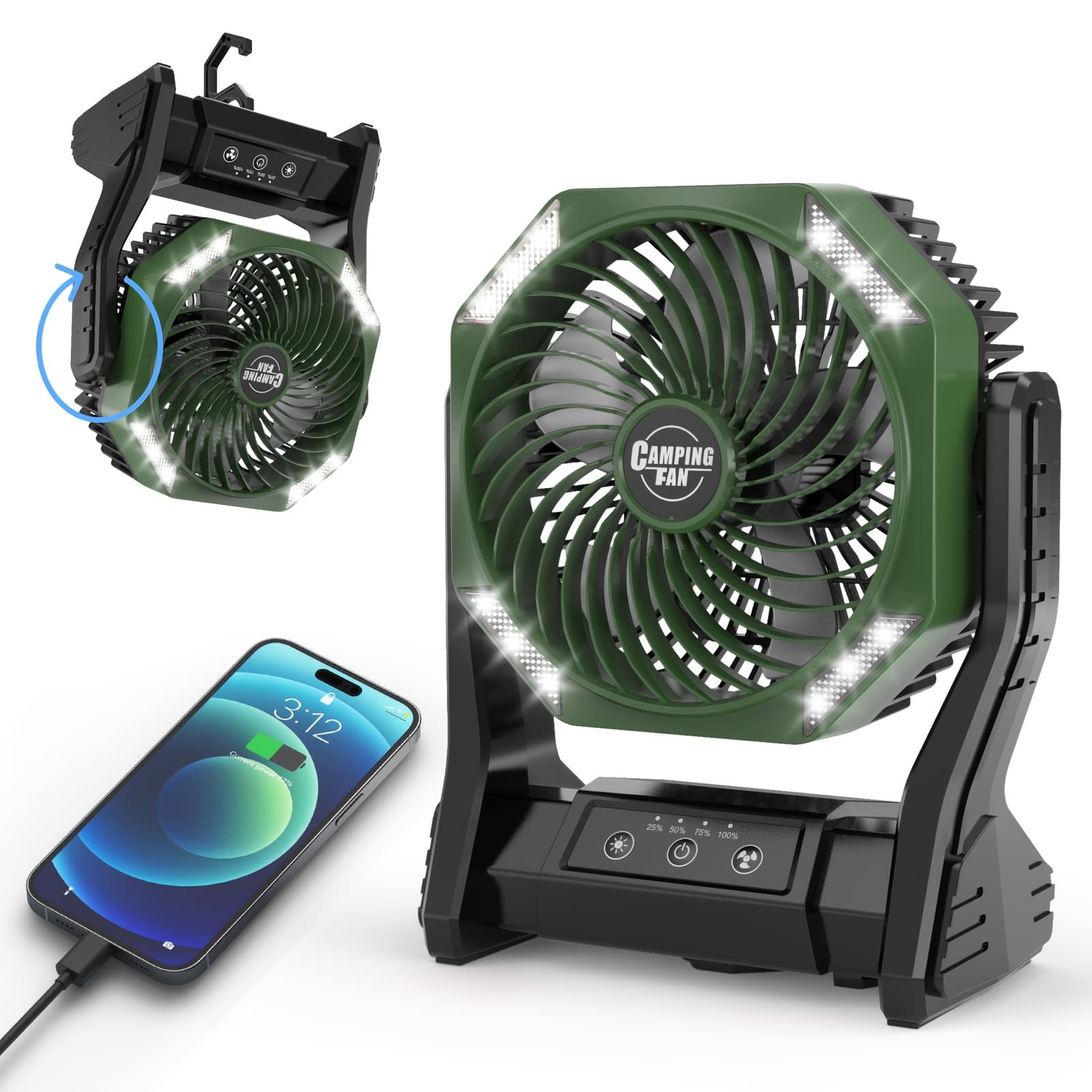 TEMU 20000mah Camping Fan With Led Light, 4 Wind Brushless Motor, 180° Portable Outdoor Fan, 22-26 Hours Long , Desk Fan For Camping, Hiking, Picnic And Emergency Use