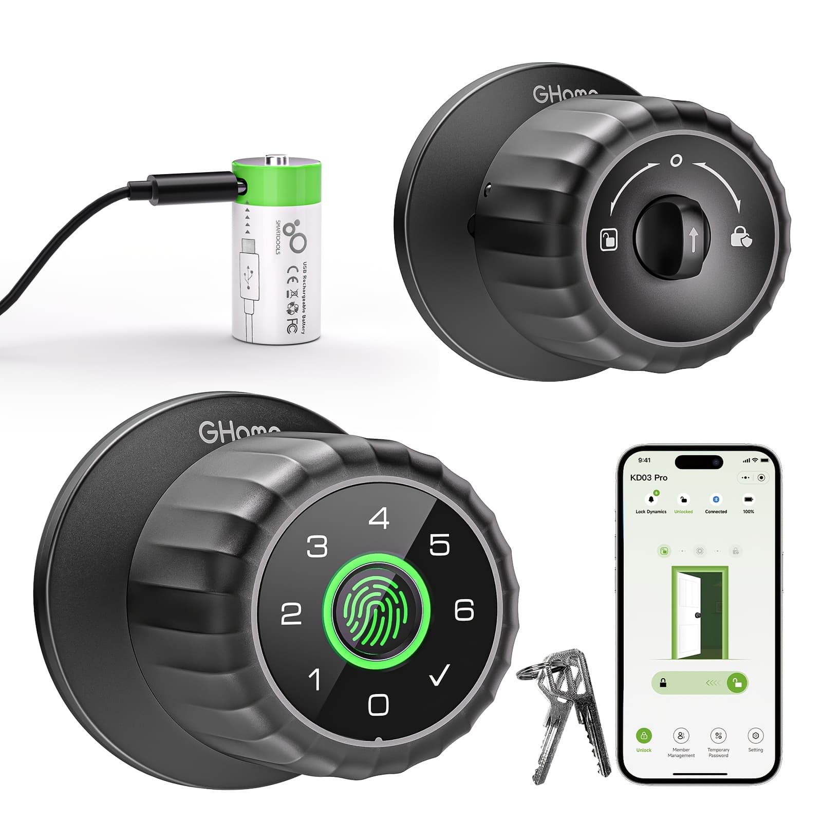 TEMU -in-1 Fingerprint Door Knob Lock With Biometric Handle, Keypad, App Control, Usb Type-c Rechargeable Battery, Wireless Connection, Anti-peep Password, Emergency , Alarm System, Remote Control Via