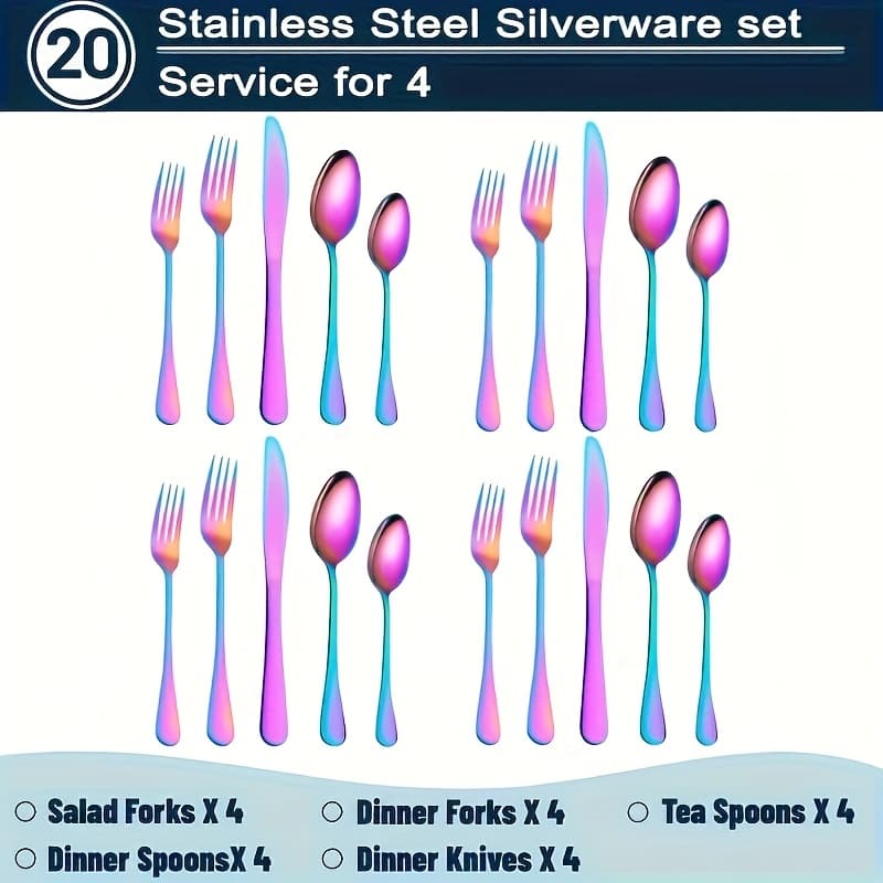 TEMU 60/20pcs Stainless Steel Rainbow Cutlery Set - Sturdy Commercial Cutlery For Dining Establishments, Weddings & Home Use | Safe For Dishwashers, Rust-resistant