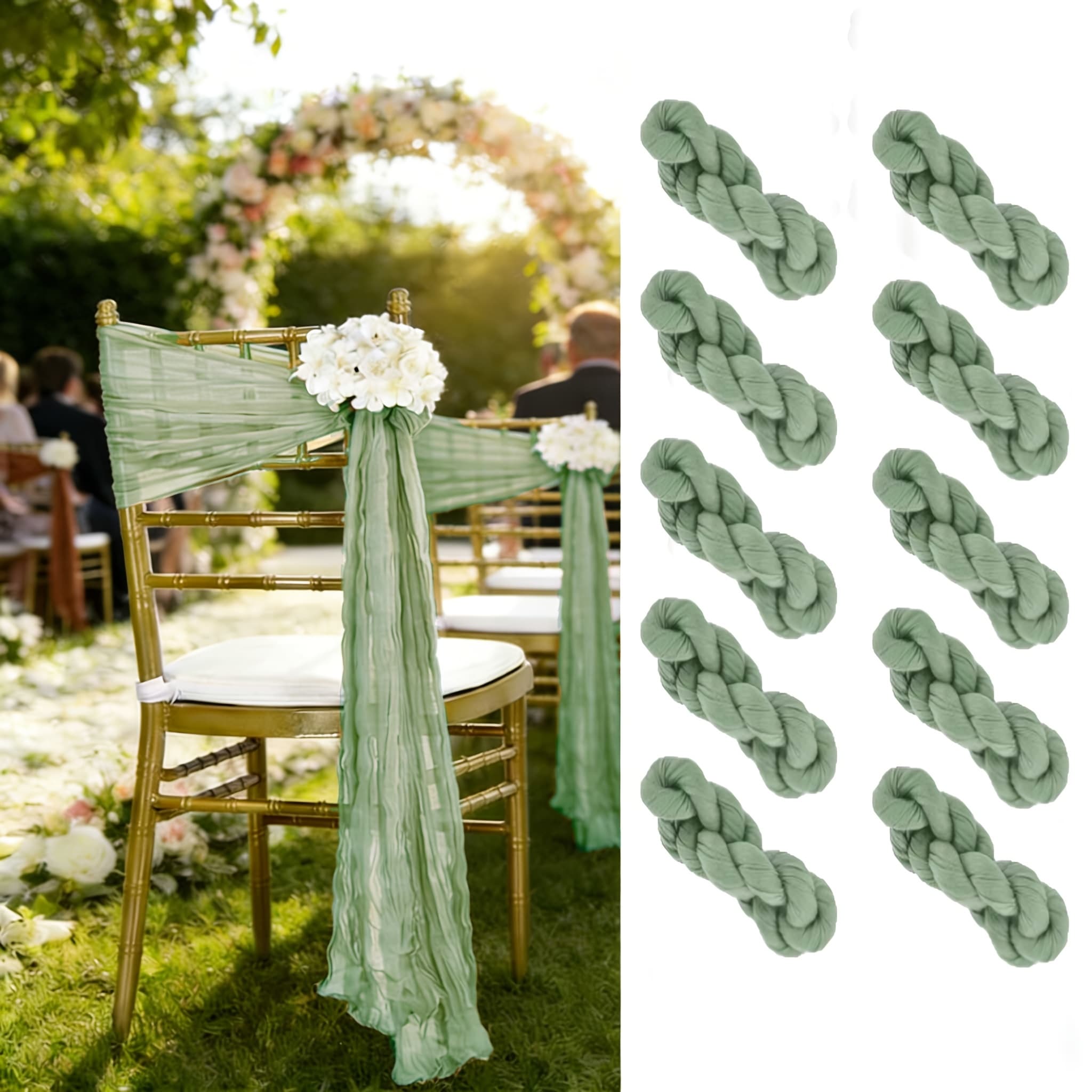 TEMU Sage Green Chair Sashes 10 Pack, Wrinkle-free Crinkled Chiffon Chair Bows, Soft Sheer Fabric Chair Ties For Wedding, Party, Banquet, Event Decoration