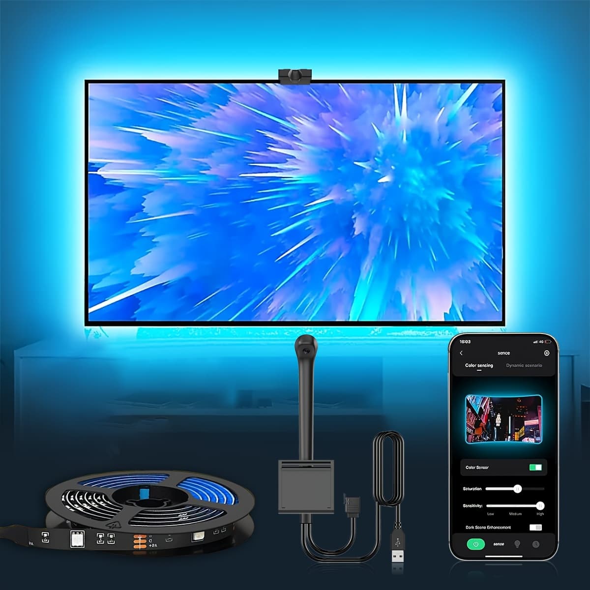 TEMU Smart Rgbic Led Backlight With Sensor Compatible For Tvs & Pc Monitors - App-controlled Rgb Color-changing Strip, Usb,, Wall-mounted For Gaming Sync, Theater, Compatible With Laptop/tv Screens