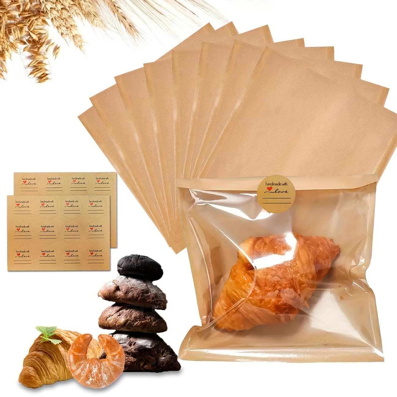 TEMU 400pcs Heat Sealable Bakery Bags With Window 7.5x7.1 Inch Grease Resistant Cookie Bags Pastry Bags With Paper Stickers For Packaging Donut Bread Cookie Goods Sandwich (brown)