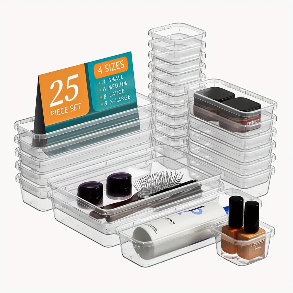 TEMU 25pcs Transparent Drawer Organizer Set, Multifunctional Plastic Storage Box, Bathroom And Dressing Table Drawer Organizer Tray, Storage Tray, Cosmetics Storage Box, Jewelry, Bedroom, Office