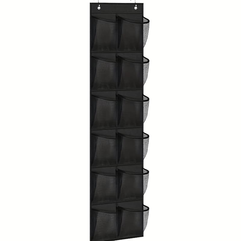 TEMU Over-the-door Shoe Storage Bag With 12 Large Breathable Mesh Pockets, Space-saving Hanging Organizer, Wardrobe Hanger With Weight Capacity For Storing Shoes Inside The Closet, Black