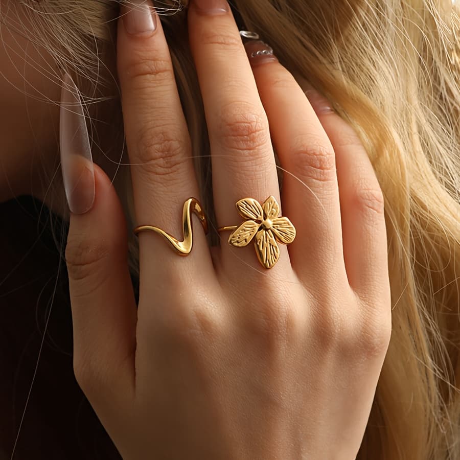 TEMU 2pcs Fashionable Flower Pointed Stainless Steel Rings/non Fading, Adjustable Size, Easy Jewelry Additions/suitable For Daily Matching At Parties