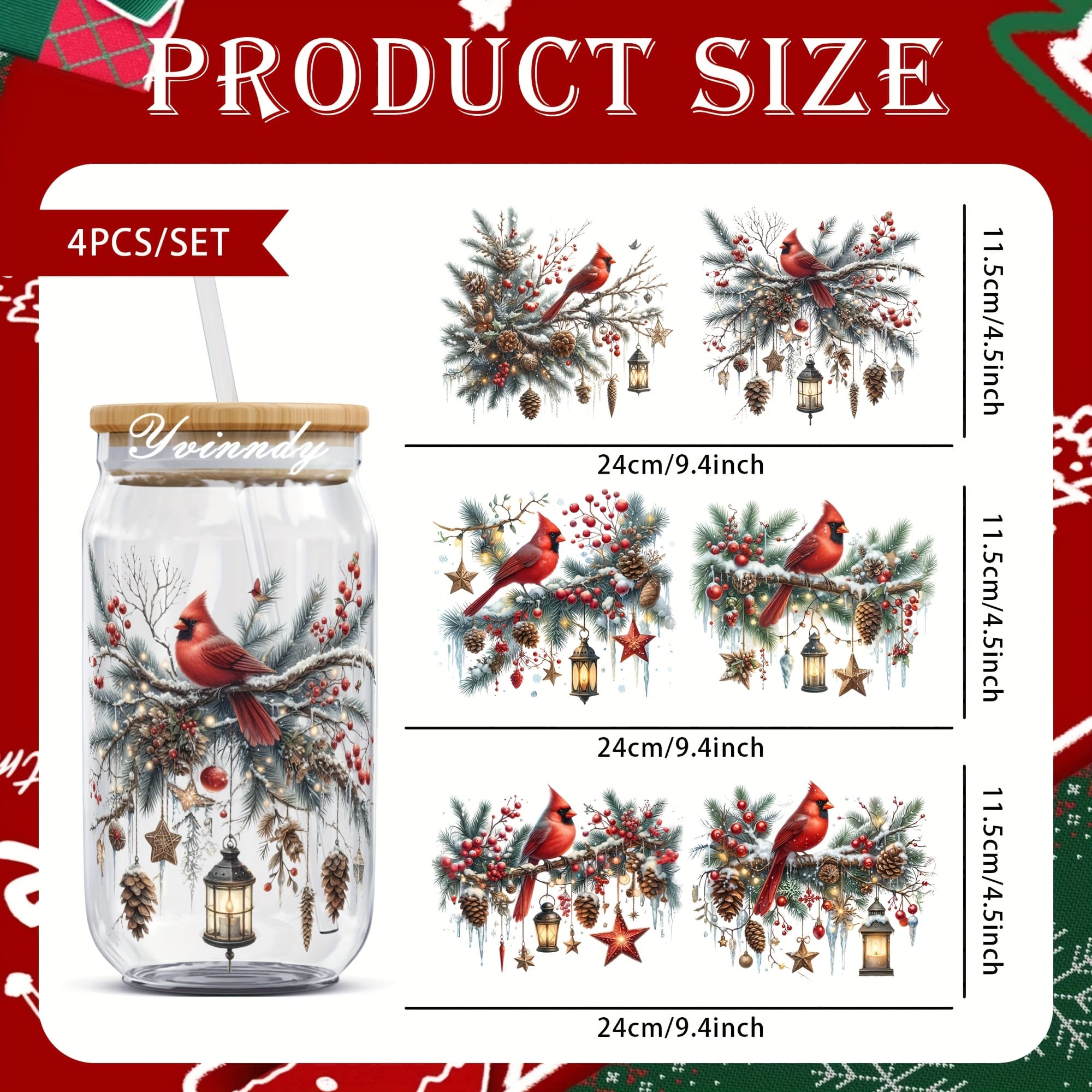 TEMU 4pcs Hummingbirds On Christmas Tree Dtf Transfer Paper - Uv-activated Diy Iron-on Vinyl Sheets Compatible For Glass Jars, Fabric, Plastics, - Temporary & Permanent Decoration (16oz)