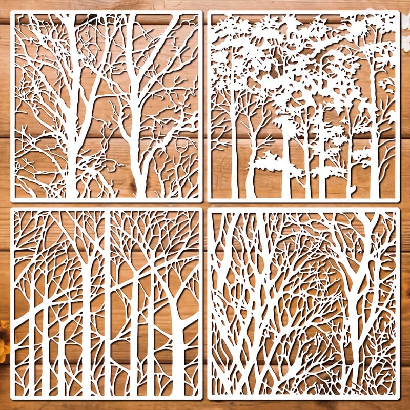 TEMU Set Of 4 Reusable Plastic Tree Stencils, Each Measuring 11.8 Inches, Perfect For Painting And Crafts On Wood, Canvas, Walls, Furniture, , Front Doors, And For Card Making And Home Decoration