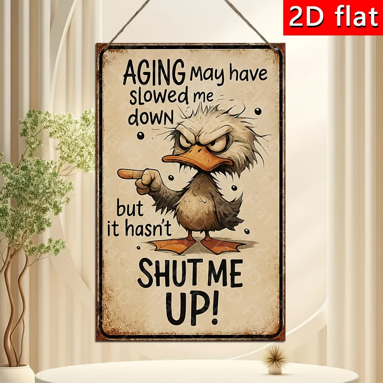 TEMU 2d Flat, 1pc Of Vintage Wooden Sign, Cartoon Duck Themed Decorative Sign, With The Words "years May Down, But Will Never Me!" Home Wall Decoration Hanging Sign