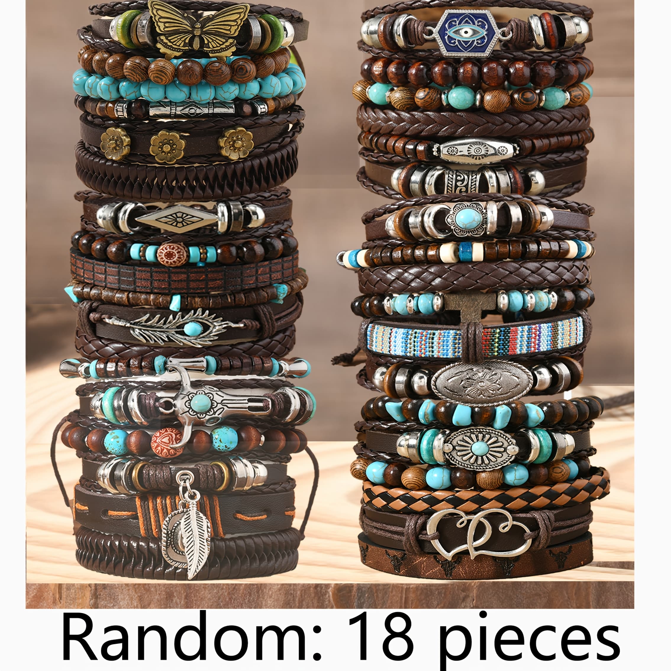 TEMU Random Patterns And Colors, 18pcs Set, Western Cowboy Style , Heart, And Combination, Wooden Bead Bracelet, Christmas Gift, Halloween Gift, New Year's Gift