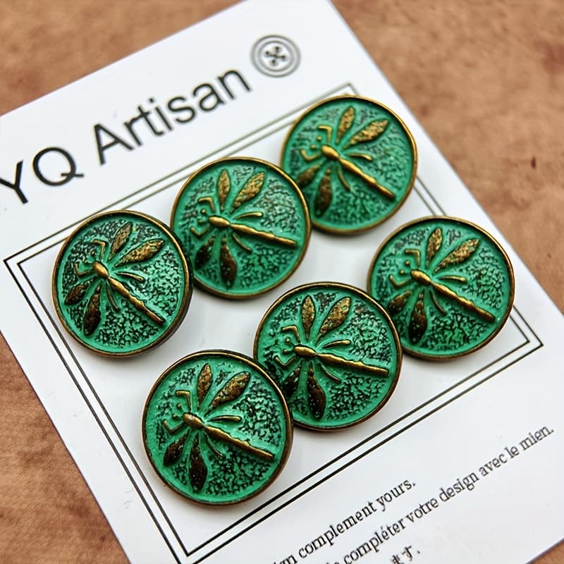 TEMU 6pcs Of Vintage Metal Buttons, 17mm, Green , Dragonfly Pattern, Engraved Decoration, Perfect For Sewing, Clothing