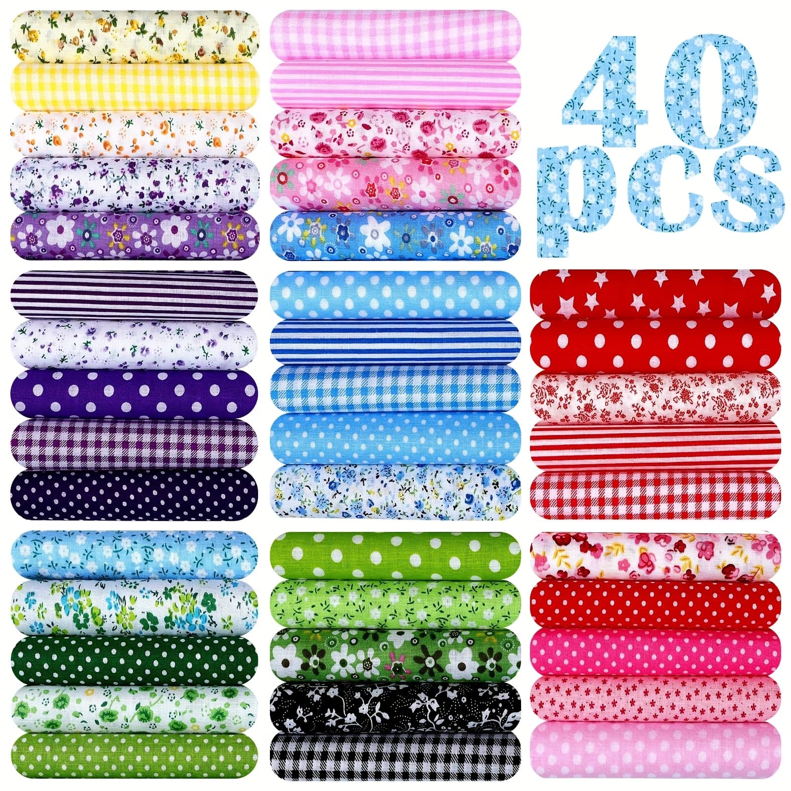 TEMU 40pcs 20 X 20 Inch Cotton Fabric Bundle Square Quilting Printed Floral Fat Flower Animals Cartoon For Crafts Cloths Handmade Accessory ()