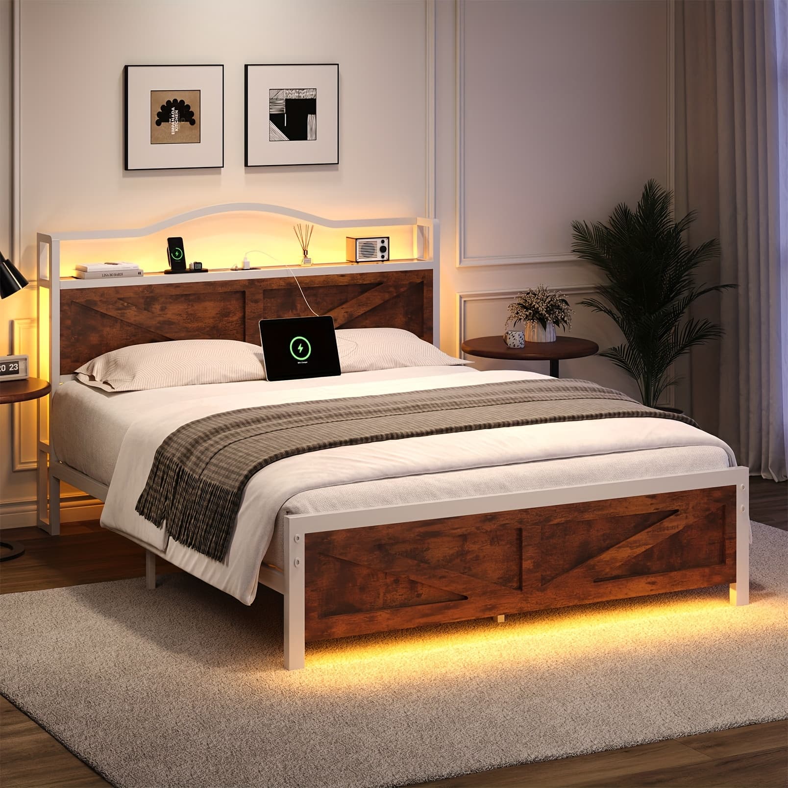 TEMU Twin Full Queen Size Bed Frame With Headboard, Heavy Duty Metal Slats Support, Noise-free, Spring Needed, Easy Assembly, White/ Black/wash Grey
