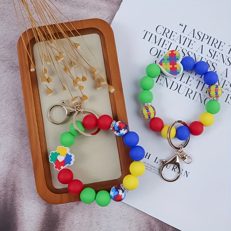 TEMU 2pcs/set Puzzle Love Silicone Bead On Wrist Key Ring Backpack Accessories Pendants Accessories Key Anti Loss Pendants Give Gifts
