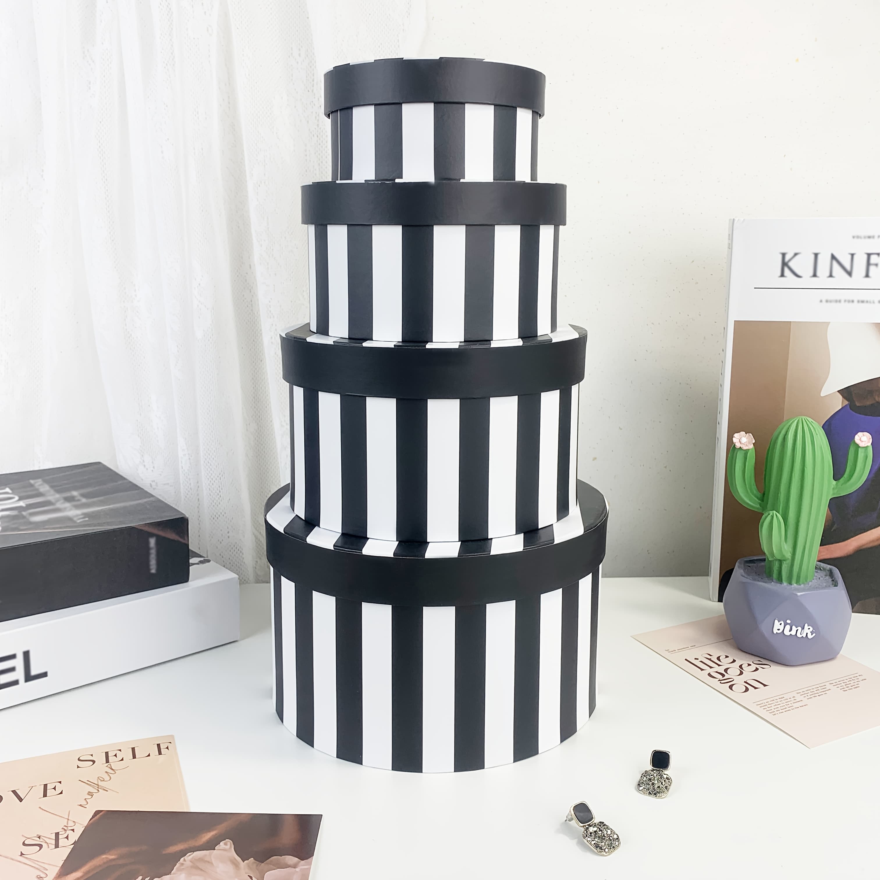 TEMU Round Set Of 4 Black And White Striped Storage Gift Boxes