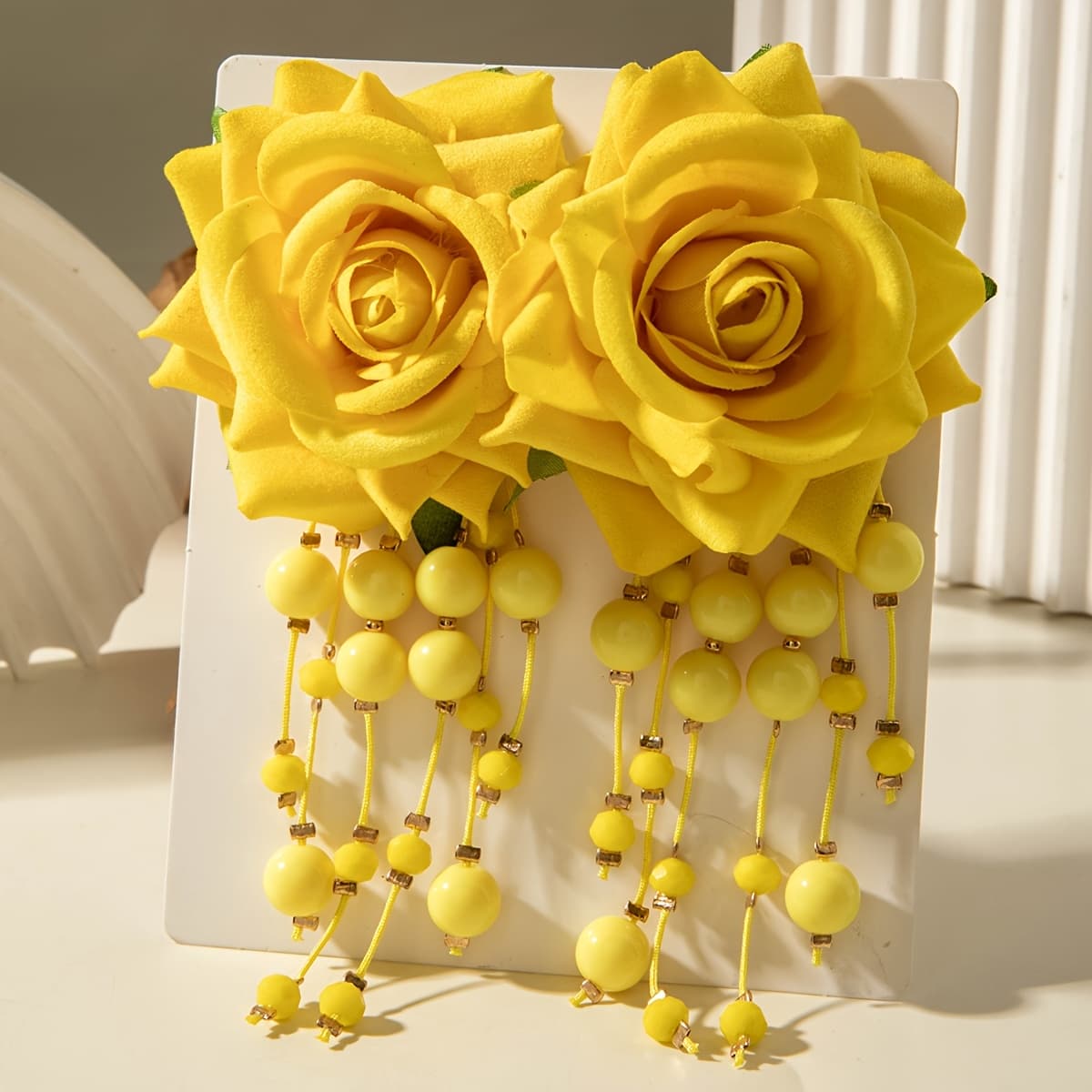 TEMU A Pair Of Elegant Faux Rose Flower Drop Earrings With Round Tassel Pendants, Perfect For Women' Outfits And Parties, Making An Ideal Gift For And Summer