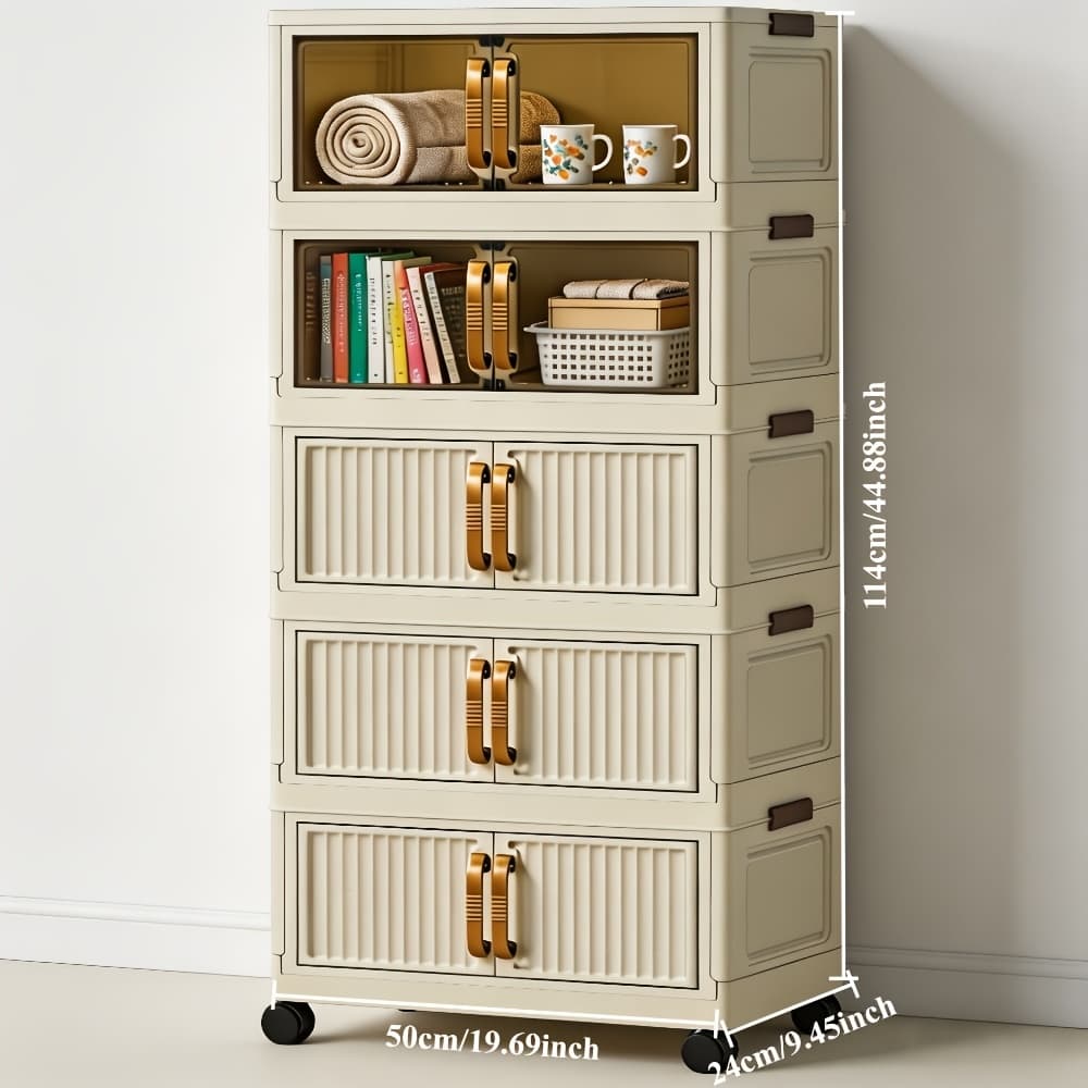TEMU 3/5 Tier 19" Wide Foldable Storage Cabinet With Wheels Magnetic Doors Large Capacity Organizer For Bedroom Kitchen