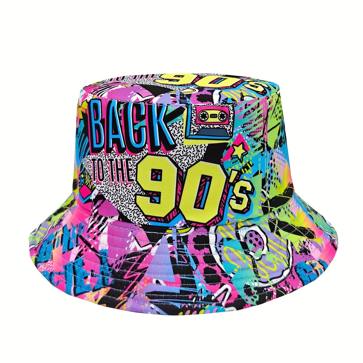 TEMU 1pc Vibrant 90s Retro Graffiti Print Bucket Hat - Lightweight, Polyester, Machine Washable - Funky Hip-hop Style For Casual Parties & Events, Event Headwear | Hip Hop Style | Polyester Bucket Hat