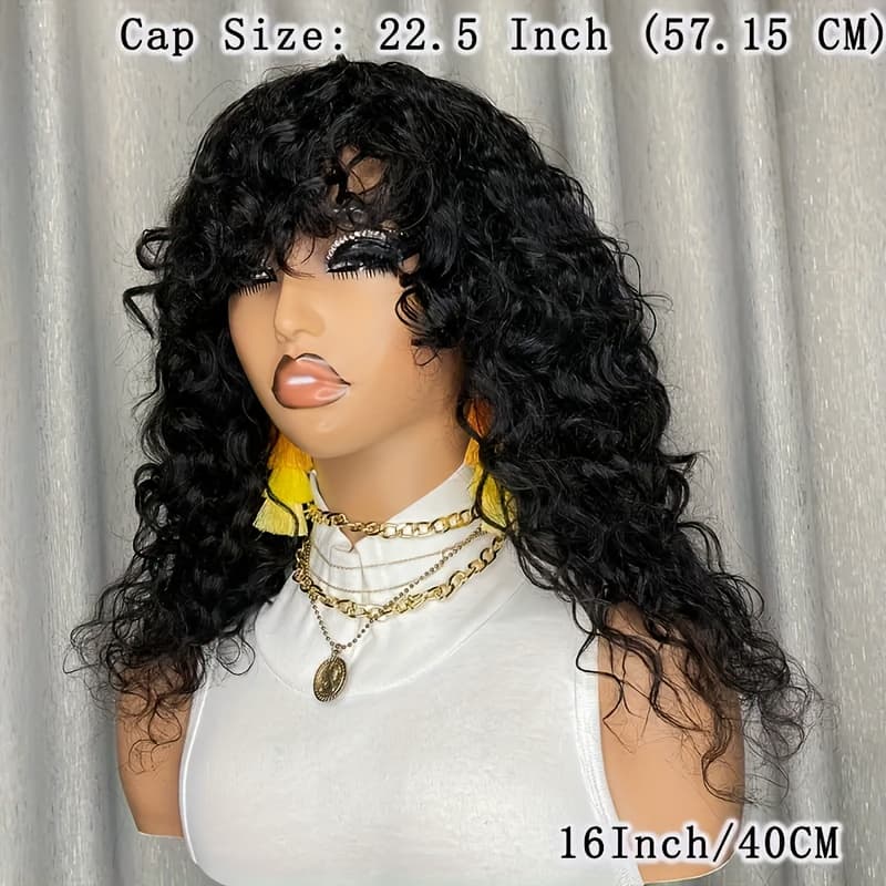 TEMU Brazilian Human Hair Wig Glueless 180% Density Natural Curly Wigs With Bangs For Women - 16 Inch Machine-made Full Wig, No Needed For Wear & Maintenance
