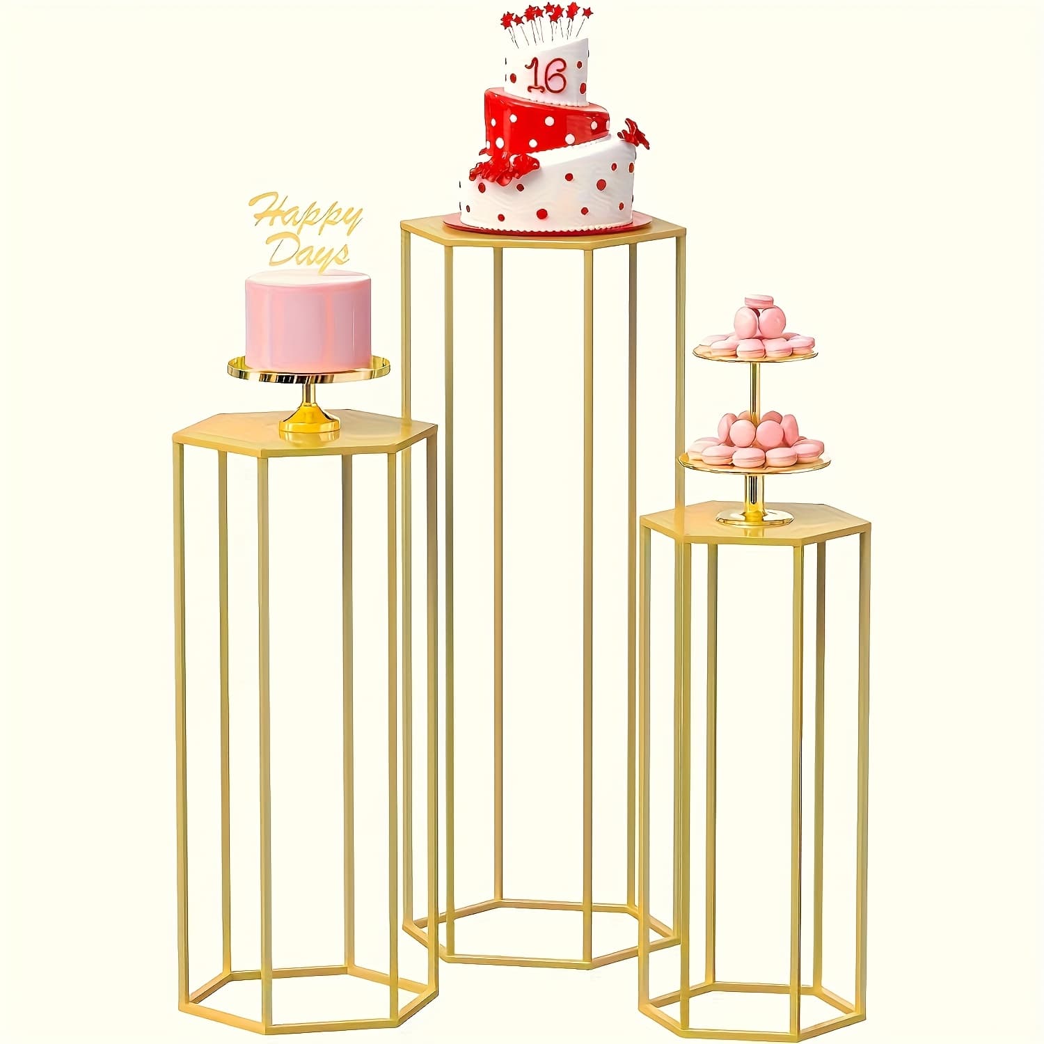 TEMU A Set Of 3 Stand, Iron Hexagonal Base Cylindrical Cake Racks, Used For Birthday Party Decoration, Party Flower Cake Decoration, Wedding Decoration, Christmas And Halloween Decoration