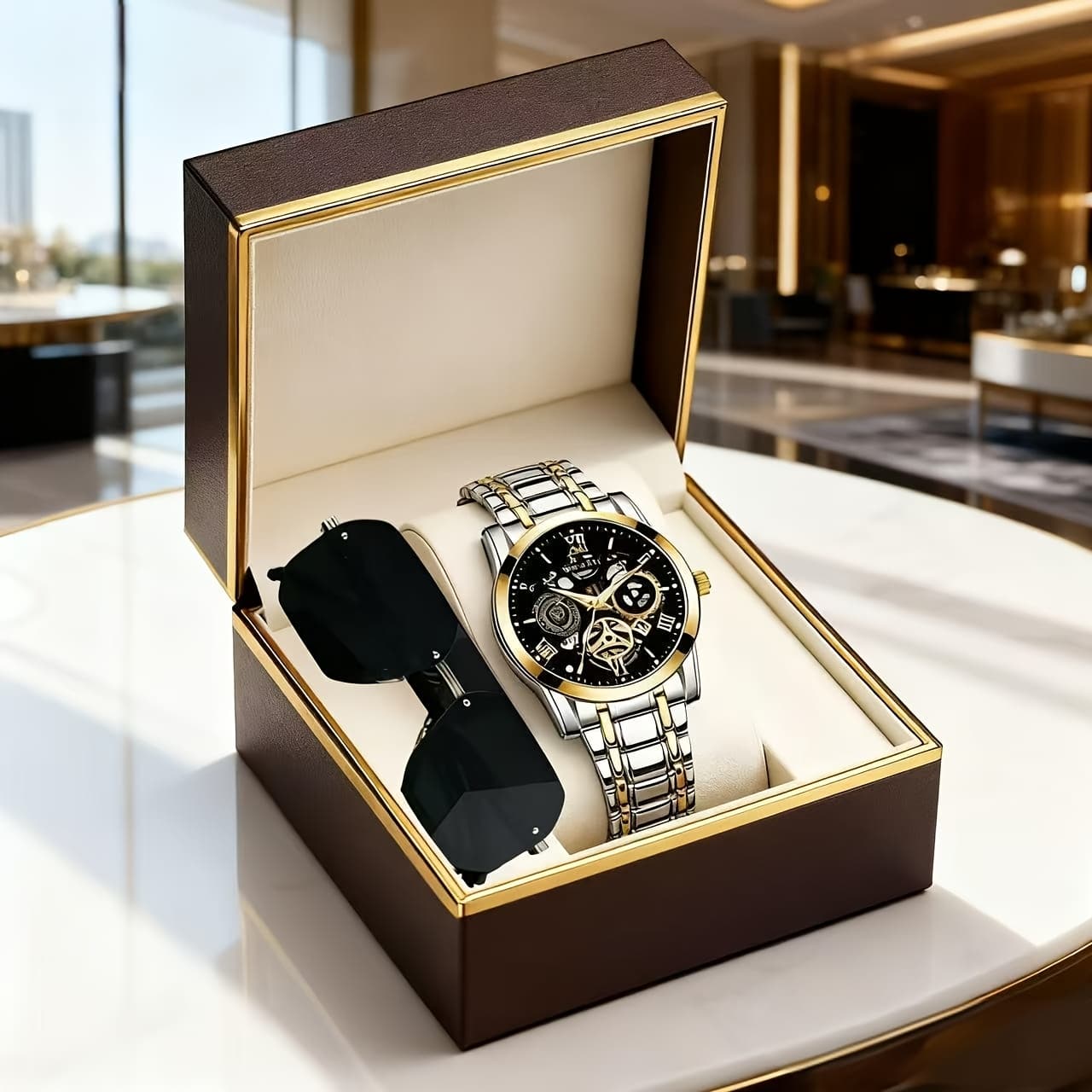 TEMU Set -1pc Mechanical Watch+1pc Fashion Glasses, Fashionable Daily Wear, Suitable For Driving, Parties, Travel, Etc., Holiday Gift, To Father And Boyfriend