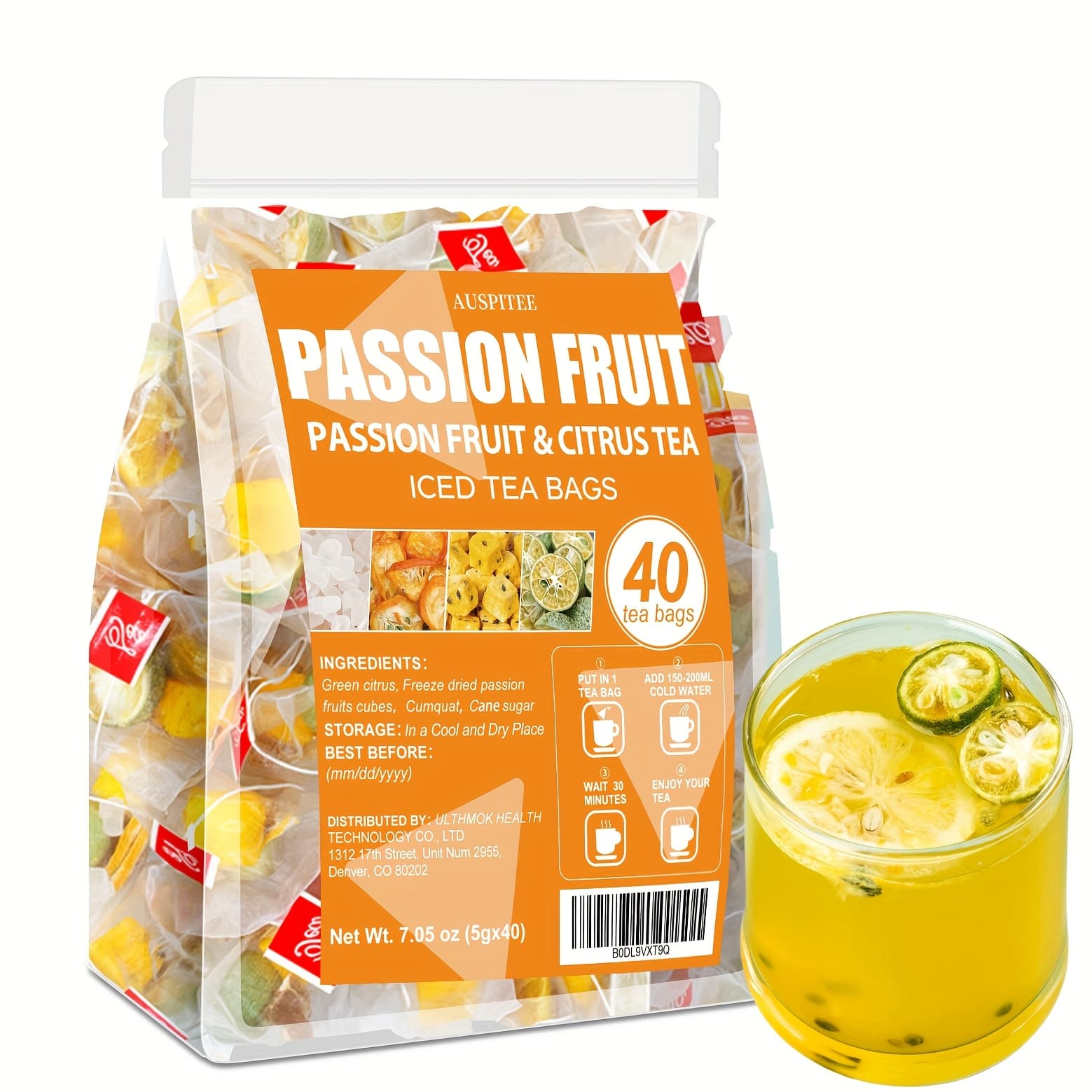 TEMU Green Orange, Kumquat And Passion Fruit Tea, 7.05 Oz (5g X 40 Bags) Mixed Fruit Tea, Sweet And Sour, Afternoon Tea, Caffeine-free